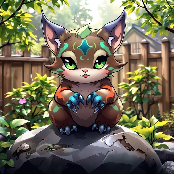 Add a touch of anime magic to your desktop or mobile with this adorable ykai mischievous creature, sitting peacefully in a Japanese garden. The creature's paws are a stunning display of blue and green hues, set against a backdrop of lush greenery and a wooden fence. Perfect for fans of anime and nature lovers alike.