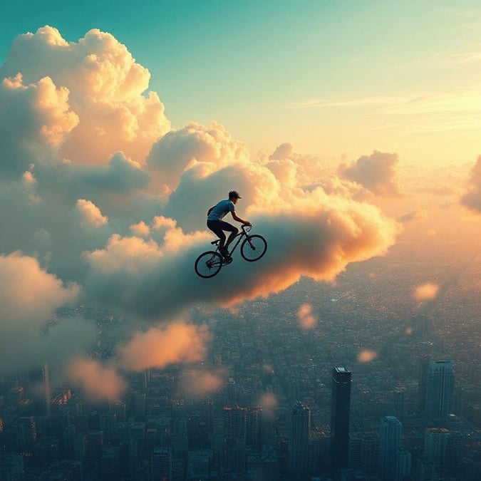 Experience the thrill of cycling high above the city clouds. The perfect wallpaper to inspire your next adventure.