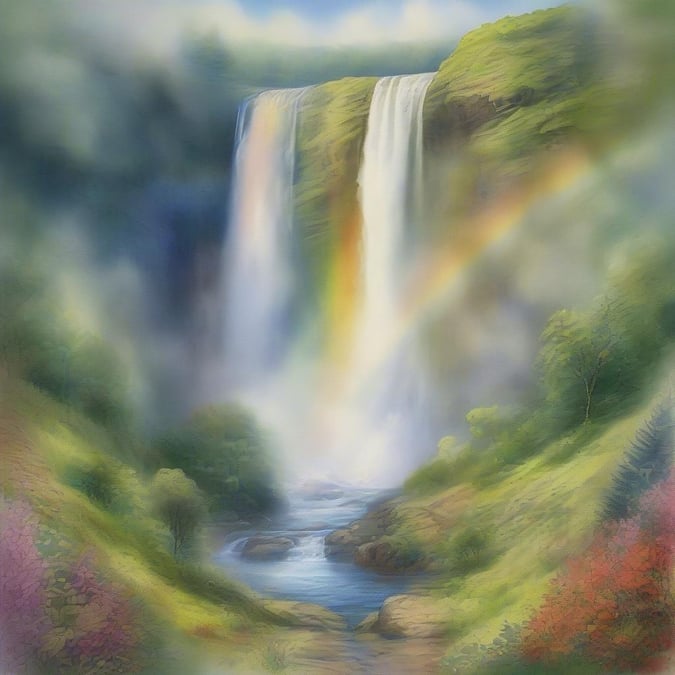 A serene landscape painting depicting a majestic waterfall with a beautiful rainbow arching above, evoking a sense of wonder and tranquility.