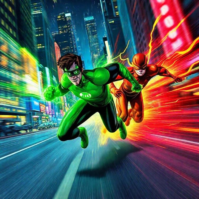 This image is a wallpaper featuring The Flash and Green Lantern racing in the city.