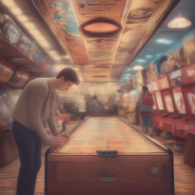 A man plays a vintage pinball machine in an arcade, surrounded by other classic games and people enjoying themselves.