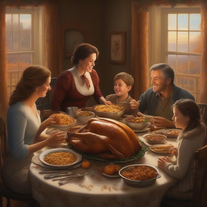 A heartwarming scene of a family coming together to celebrate Thanksgiving, surrounded by a beautifully set table and a delicious spread of traditional dishes.