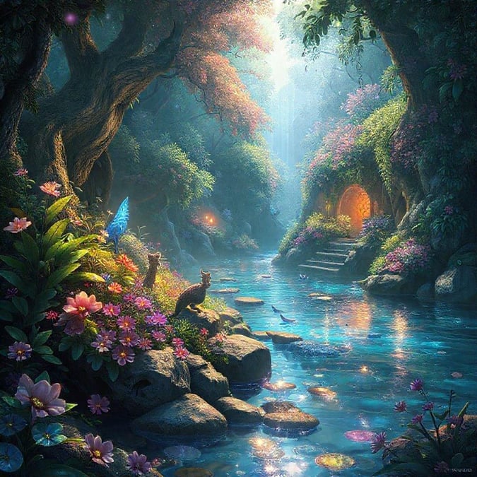 A mystical forest scene with vibrant flowers, glowing mushrooms, and a peaceful river. A magical creature watches from the rocks.