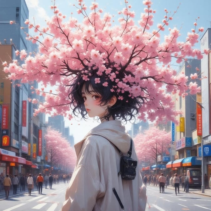 Explore the beauty of cherry blossoms amidst the lively atmosphere of a cityscape. This detailed digital illustration captures the vibrant hues and intricate patterns of the blossoms, making it an ideal wallpaper for those who enjoy the charm of anime-style artistry.