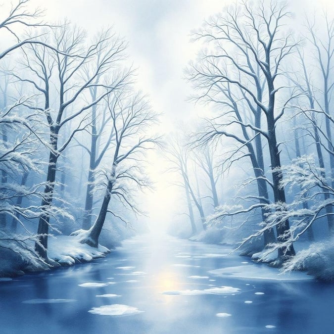 This serene winter scene features a frozen forest, with snow-covered trees and a frozen lake in the background. The image is perfect for those who love the beauty of nature and the tranquility of the winter season.