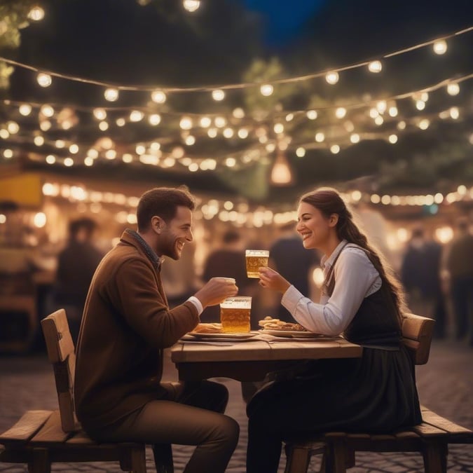 In the heart of Munich, a couple shares a cheerful moment at an outdoor beer garden, embracing the joyous atmosphere of Germany's famous annual festival.