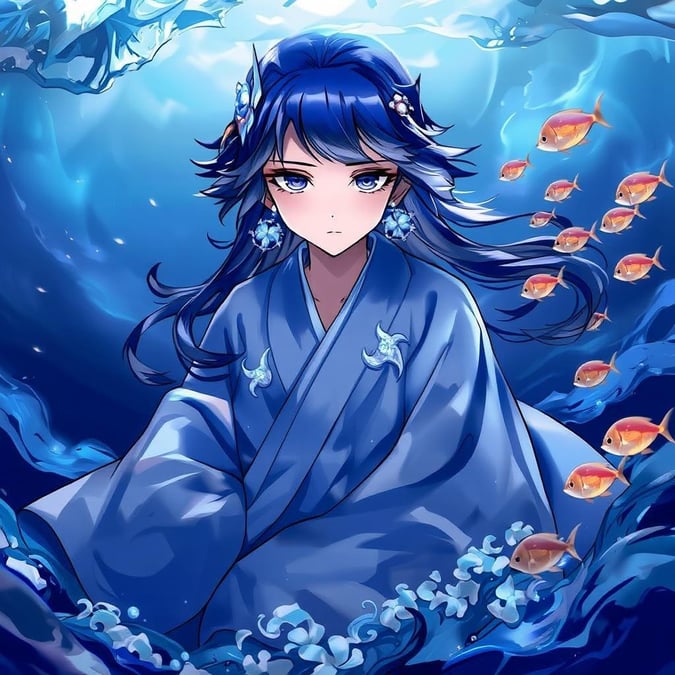 This stunning anime wallpaper features a serene mermaid-like creature ascending from the ocean, her blue and white robe adorned with sparkling fish. The deep blue ocean surrounds her, adding depth to this magical scene, while a school of small fish adds a touch of whimsy.