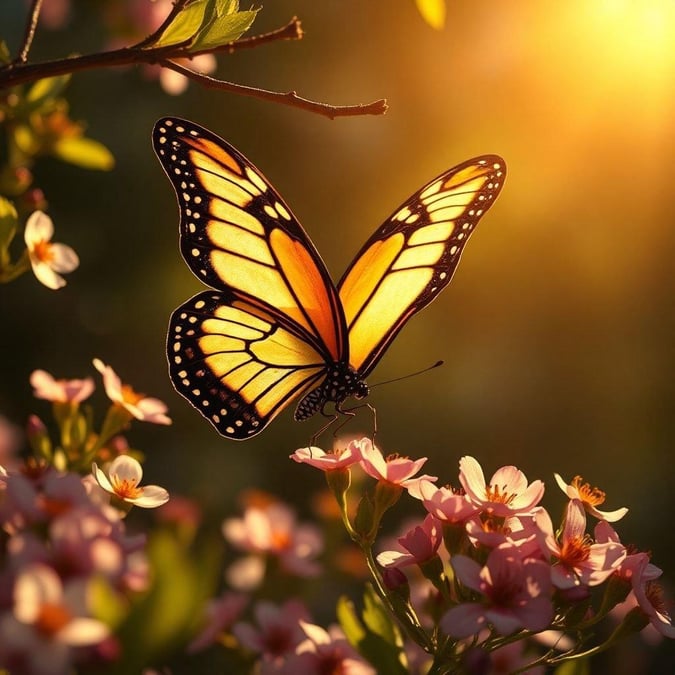 A beautiful, vividly colored butterfly perched atop a flower with sunlight filtering through, creating a warm ambiance. A serene nature scene that brings joy and peace to the viewer's desktop.