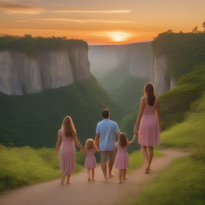 A family of four enjoying a peaceful trek along a mountain trail during the golden hour. The stunning view of the canyon at sunset is a testament to the bond they share.