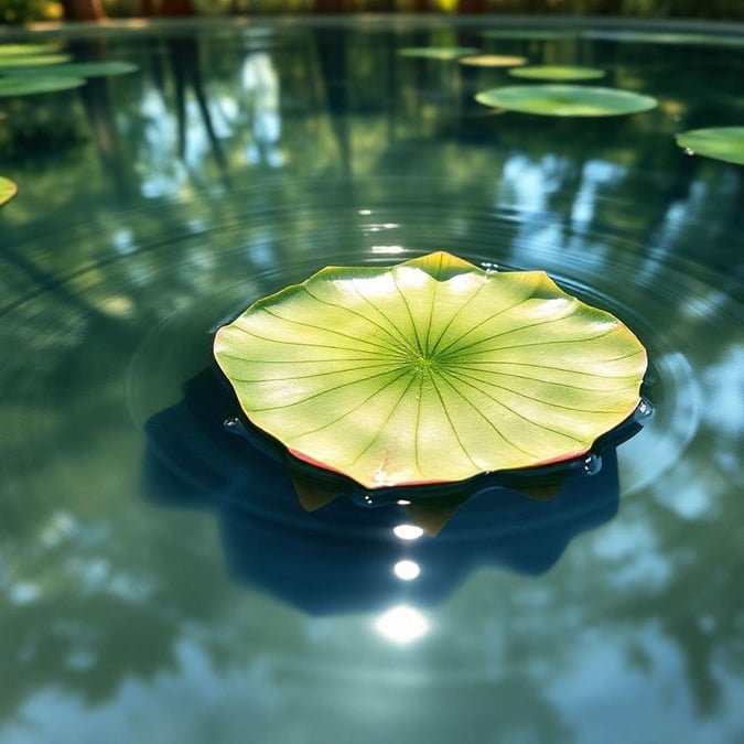 This serene pond scene is perfect for anyone who loves nature. The image features a large lily pad floating on the water's surface, surrounded by lush greenery and vibrant flowers. The overall atmosphere is one of peace and tranquility, making it a great addition to any nature lover's collection.