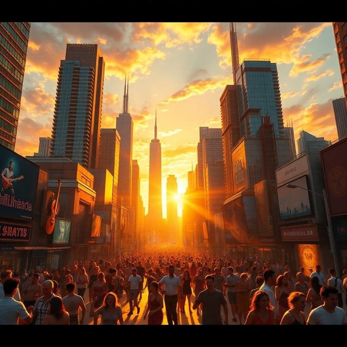 A lively scene at the heart of New York City with a vibrant concert in Times Square at sunset. The iconic One World Trade Center towers over the city under the warm glow of the setting sun.