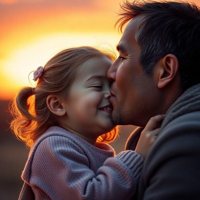 A heartwarming image of a father and daughter sharing a tender moment at sunset. The sky is painted with hues of orange and pink, creating a serene and peaceful atmosphere. The father's gentle touch on the daughter's shoulder conveys a sense of love and protection.