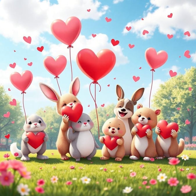 Sweet bunnies, a cute puppy, and two adorable kittens celebrate Valentine's Day with hearts! Perfect wallpaper for your devices.