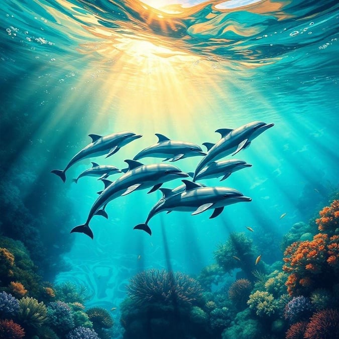 This beautiful wallpaper features a group of dolphins swimming in the ocean, surrounded by coral reefs and schools of fish. The vibrant colors and dynamic composition make it a stunning addition to any desktop or mobile device.