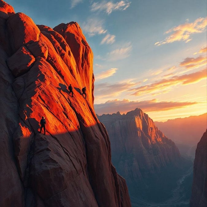 A group of adventurous hikers on the edge of a rocky cliff, with majestic red rocks surrounding them as they watch the sun set over the valley below.