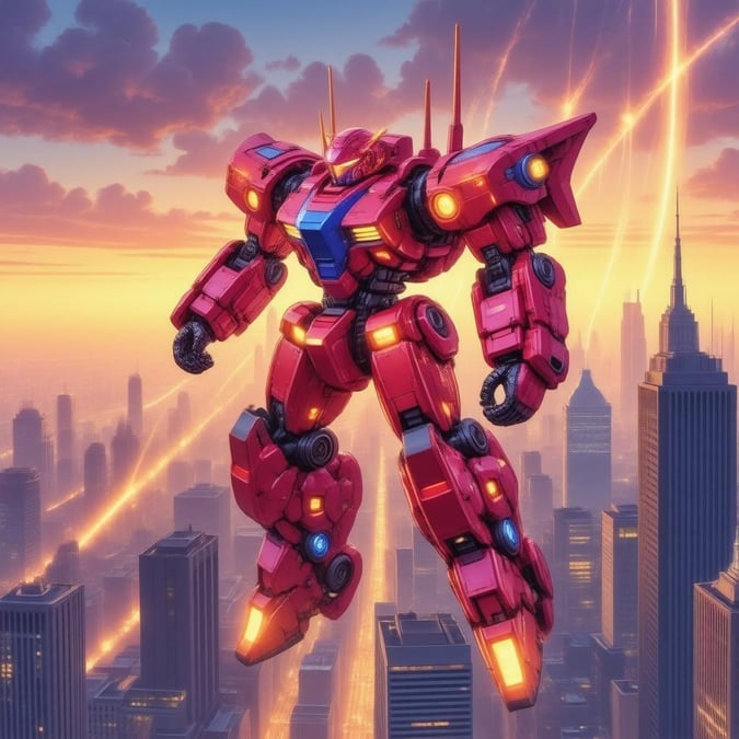 This anime-style wallpaper features a rebellious mecha pilot soaring through a cityscape at sunset, with a kaleidoscope of colors and bright neon lights, set against a backdrop of tall buildings with many windows and a gradient sky from orange to purple.