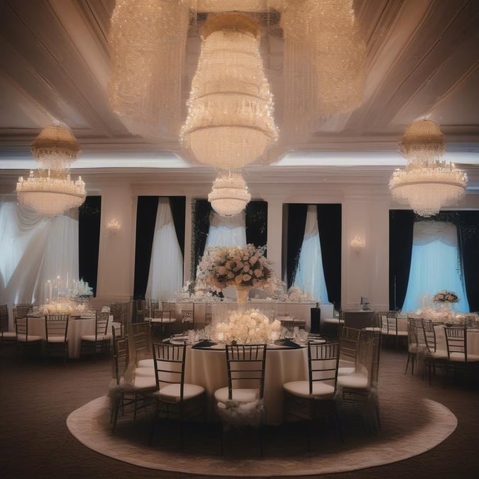 This opulent venue exudes grandeur, perfect for a lavish wedding celebration. The crystal chandeliers and high ceilings create an atmosphere of luxury, while the tables are meticulously arranged for guests to mingle and dine in style.