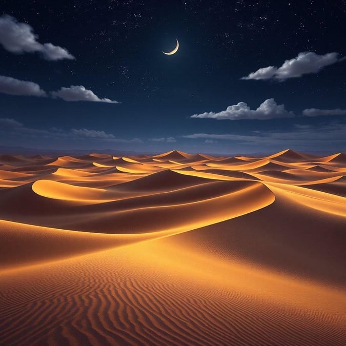 This beautiful wallpaper captures the serene beauty of the desert at night, with the moon shining brightly in the sky.