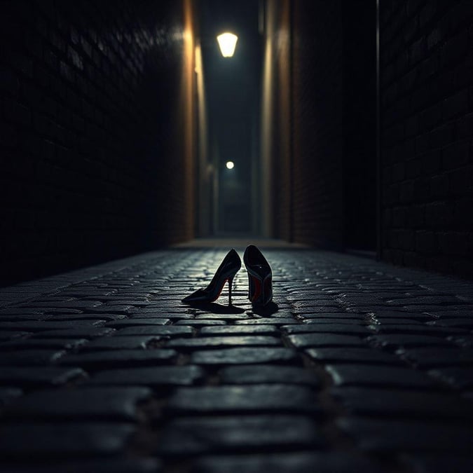 A pair of fashionable high heels sits in the dark alley, casting a mysterious glow. The shoes are a striking contrast to the dim surroundings, evoking a sense of intrigue and curiosity.