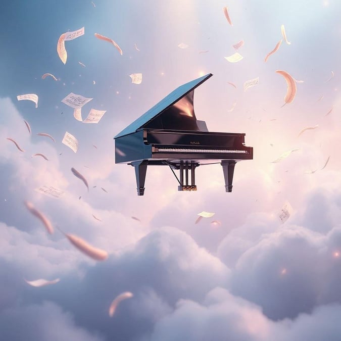 A grand piano floats in the sky, surrounded by sheets of music, evoking a sense of creativity and inspiration.