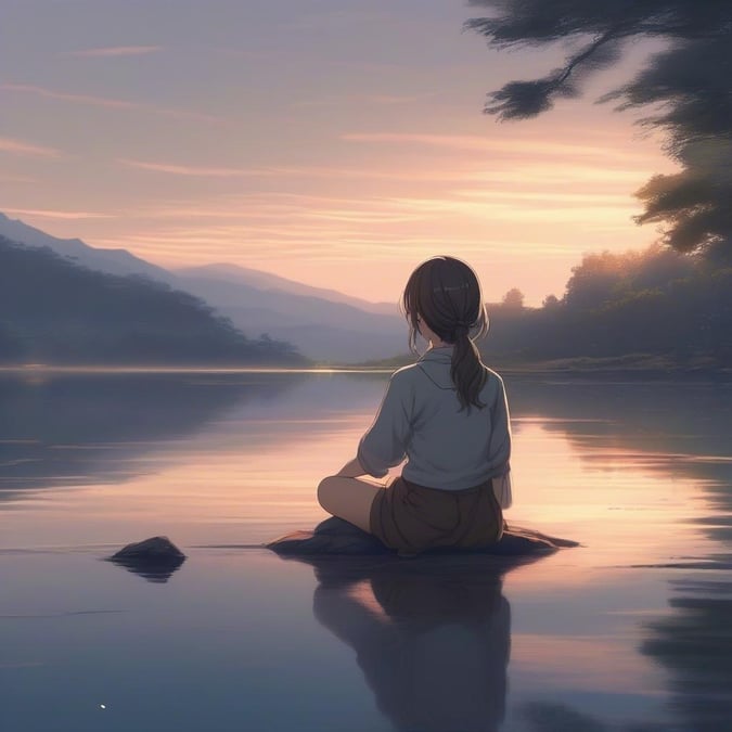 A serene anime girl sits by the tranquil lake at sunset, contemplating life's simple beauty.