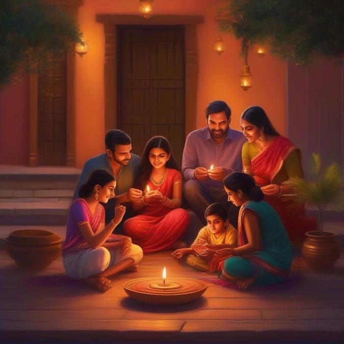 Family of four, both young and old, enjoying the warmth of Diwali lights in a traditional setting.