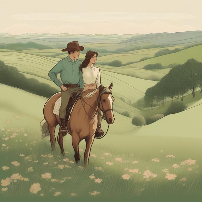 A couple in cowboy hats enjoying a horseback ride through picturesque countryside, with a warm sunset glow.