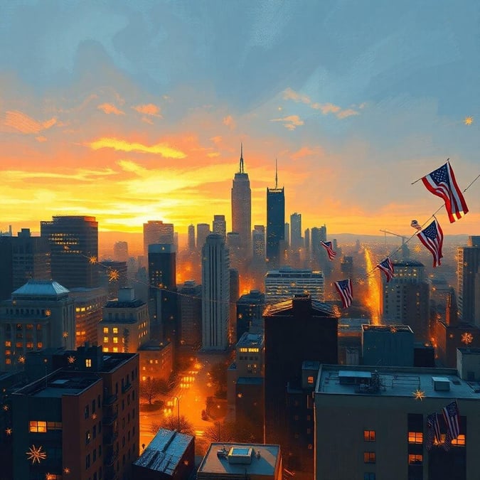 Vibrant skyline at sunset with flags in the air, celebrating Independence Day.