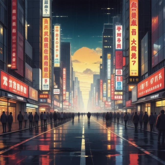 Experience the vibrant and tranquil atmosphere of a Tokyo street at dusk, captured in this stunning anime-style illustration. The towering neon signs create a mesmerizing display of light and color, while the blurred foreground and bright yellow light in the background add depth and energy to the scene.