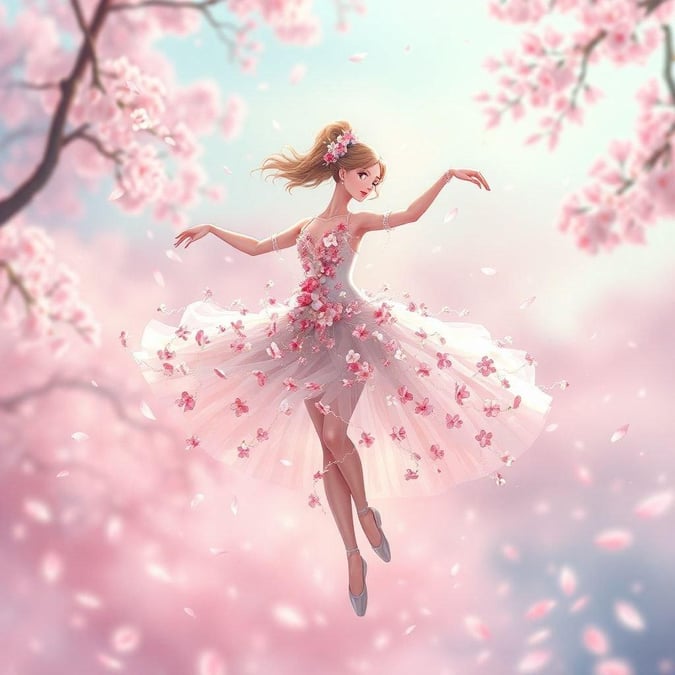 Kliva in i en fantasivärld där anime möter naturens skönhet. Denna fantastiska bakgrund visar en himmelsk ballerina som dansar mitt i en virvel av rosa och vita blommor, mot en mjuk rosa och blå bakgrund som väcker magin av körsbärsblommor.