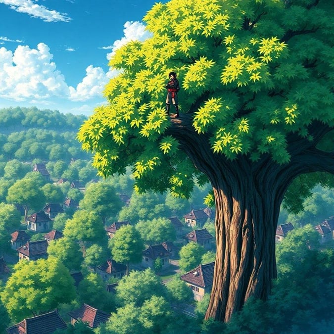 This anime illustration depicts a lone ninja perched on top of a giant tree, surrounded by a tranquil village.