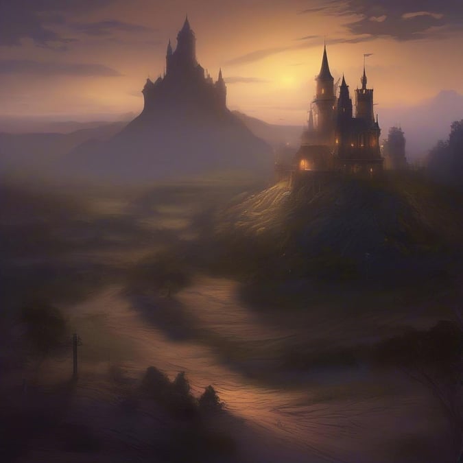 A serene castle perched on a misty hill, emanating an enchanting glow at dusk.