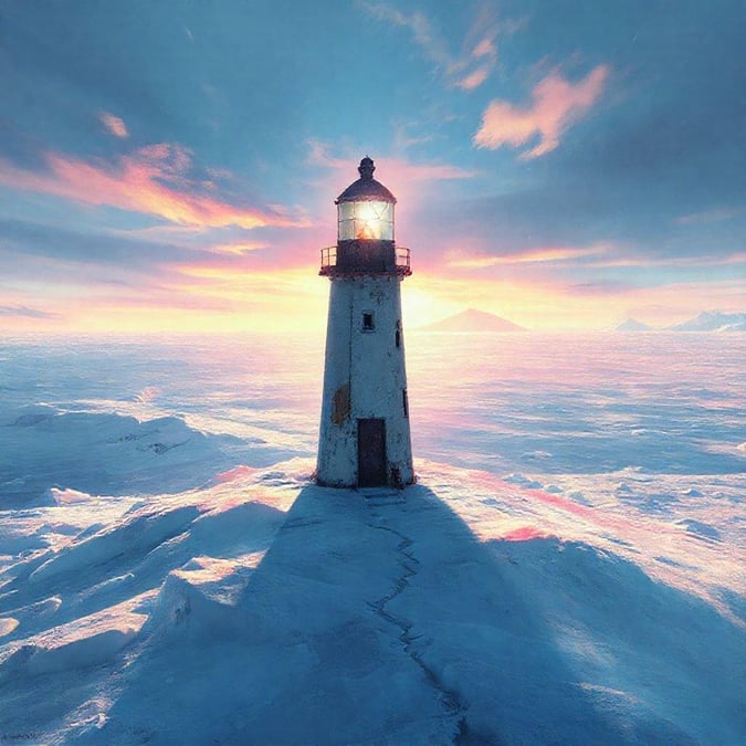 A serene view of a lighthouse standing tall against the backdrop of an ice-covered landscape, with a beautiful sunset painting the sky.