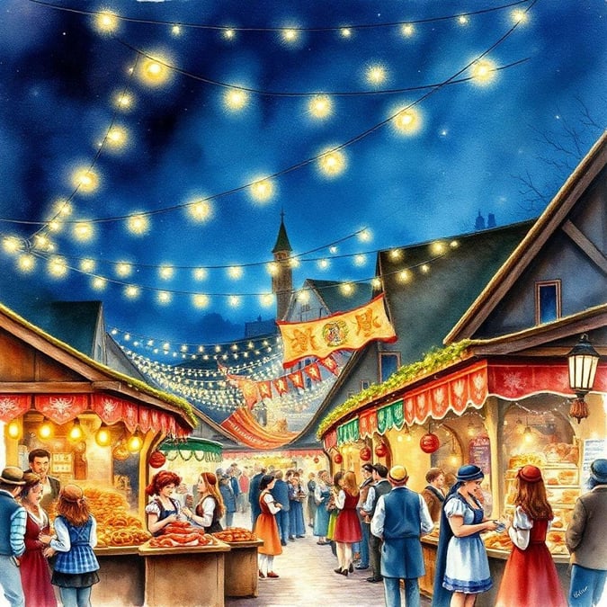 A bustling night market during the famous German festival, filled with people enjoying the food, lights, and atmosphere.