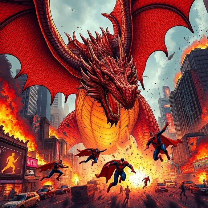 Dans cette bataille épique, un puissant dragon rouge s'affronte à quatre courageux super-héros au cœur d'une ville animée. Le souffle enflammé du dragon illumine le ciel assombrissant alors que les héros se lancent à l'action, leurs capes flottant derrière eux.