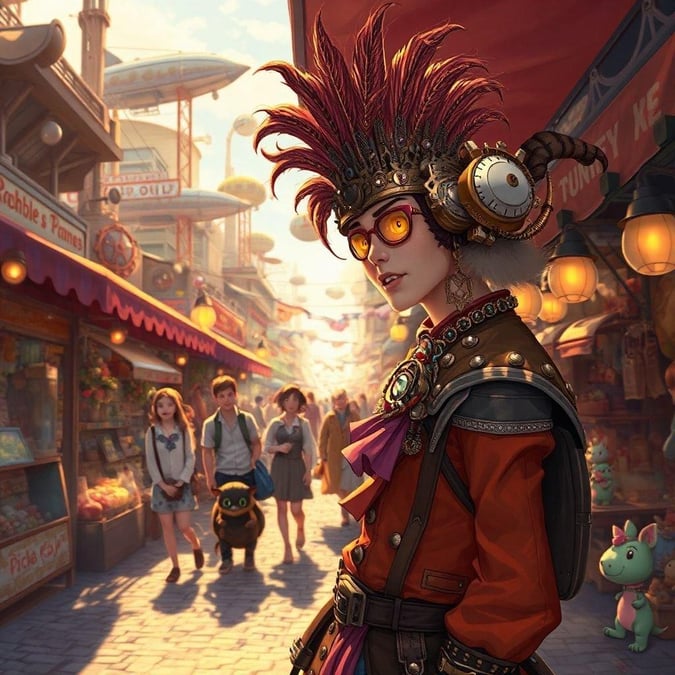 Step into a world of wonder with this anime-style market scene, where steampunk-inspired vendors and fantastical creatures come together in a vibrant and lively atmosphere.