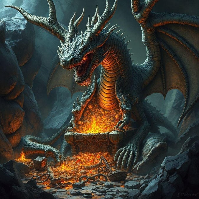 Fierce dragon protecting its treasure, with glowing embers in the background.