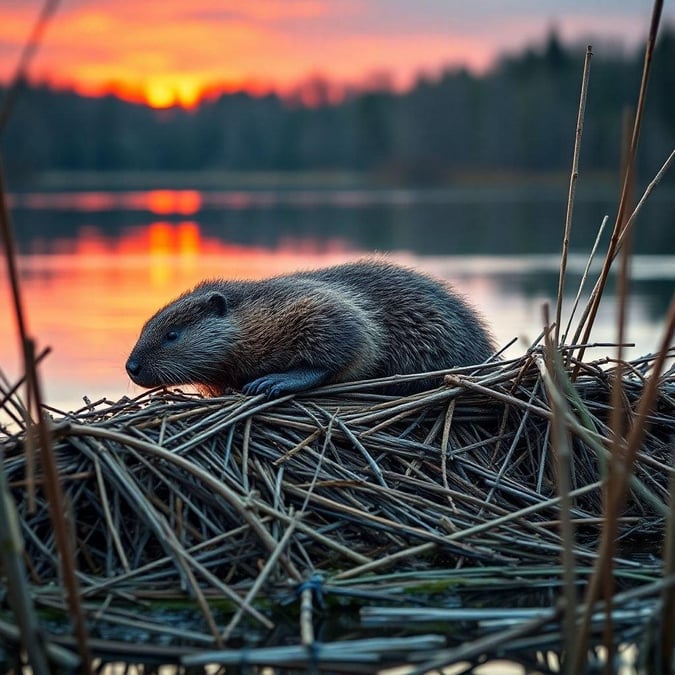 A baby beaver nuzzling up to the nesting material on a calm lakeside, embodying nature's serenity.