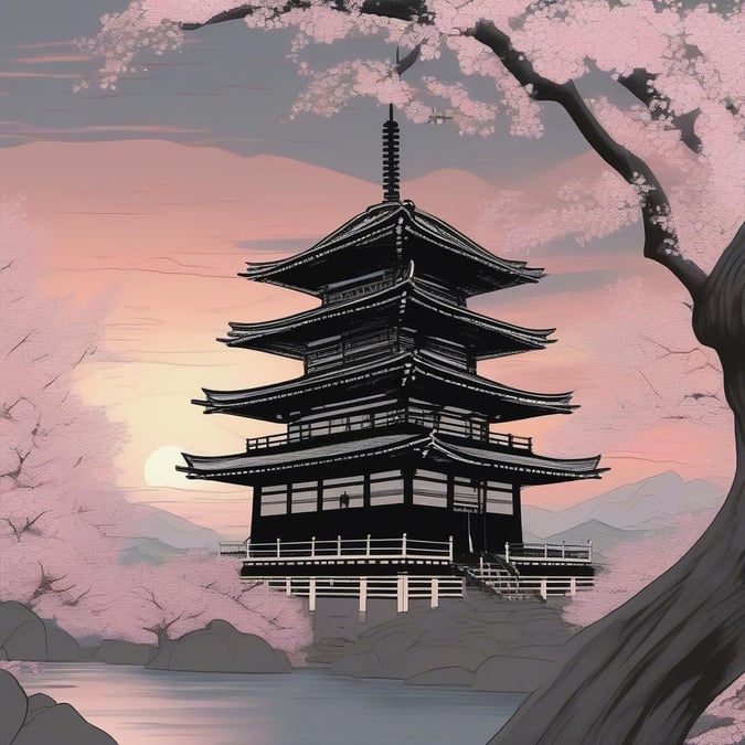 This tranquil scene captures the serene beauty of a traditional Japanese temple, known as a Zen temple, bathed in the warm hues of sunset. The temple, constructed from multiple wooden tiers, stands majestically on the edge of a calm body of water. Surrounding the temple are cherry blossom trees in bloom, adding a touch of nature's splendor to this peaceful setting.