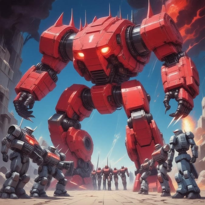 Bu duvar kağıdında bir grup mekanik canavarın dev bir robot kaiju ile savaştığı epik bir anime savaşına hazır olun.