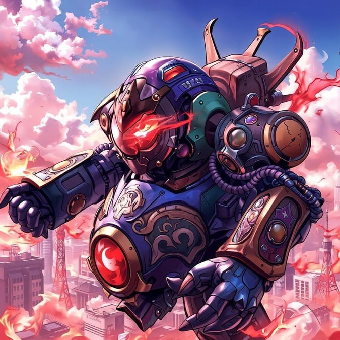 This anime steampunk robot wallpaper is a stunning digital illustration that brings to life a futuristic and imaginative world. The robot's intricate patterns and glowing red eye make it a captivating and eye-catching design.