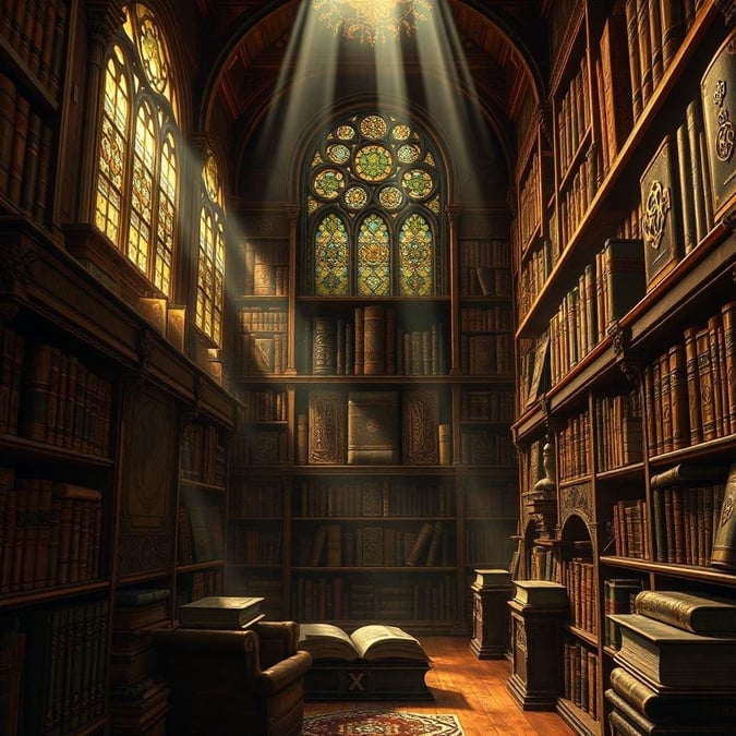 Step into a mystical chamber filled with old, ornate books that seem to hold the secrets of the ages. The warm glow of stained glass windows casts an ethereal light on the dusty spines of the tomes, hinting at the wisdom contained within their pages.