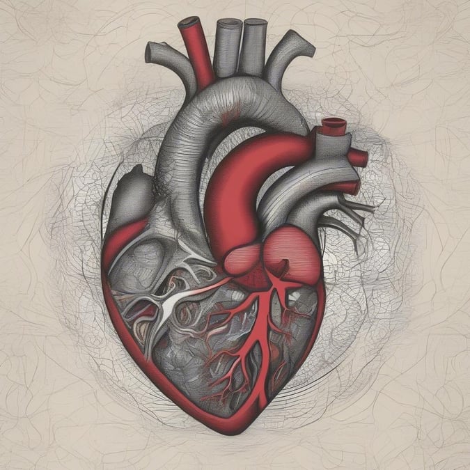 Illustrative heart anatomy with detailed red and gray veins, arteries, and muscle fibers. High-resolution wallpaper for desktop and mobile devices.