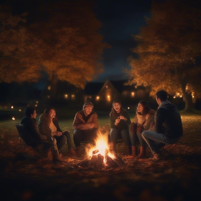 A heartwarming scene of a group of people enjoying a bonfire on a crisp autumn evening, surrounded by the warmth and comfort of the season.