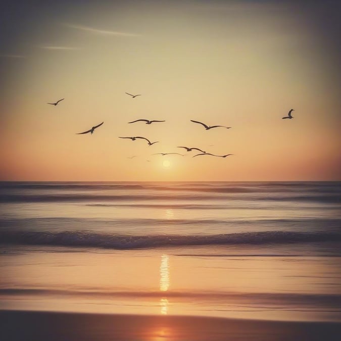 A serene beach scene at sunset with waves gently lapping the shore as birds take flight over the horizon. A tranquil moment for reflection.