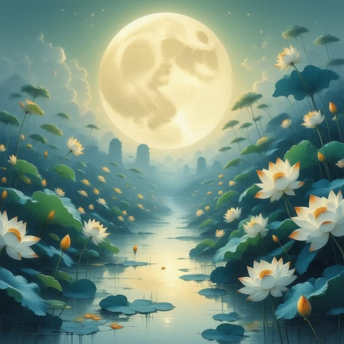 Step into a serene anime world with this breathtaking wallpaper, featuring a lush garden of lotus flowers bathed in the soft glow of a full moon.