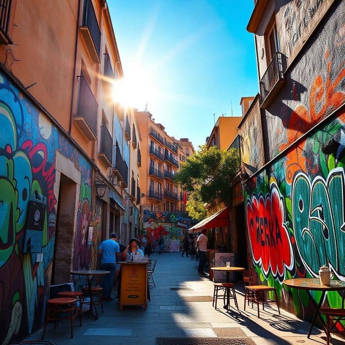 A charming alley in the heart of a colorful street art district. The sunlit path is lined with vivid graffiti, inviting locals and tourists to explore. A few tables set up on the side hint at the area's bustling restaurant culture. This is more than just a travel photo; it's an invitation into the dynamic life of an artistic community.