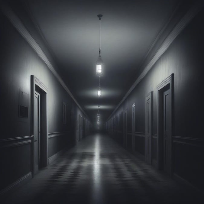 Welcome to the eerie corridor, where shadows whisper secrets. The quiet solitude is interrupted by dimly lit sconces casting an ominous glow. The sound of distant footsteps echoes in the silence, inviting you into a space that's both familiar and haunting.