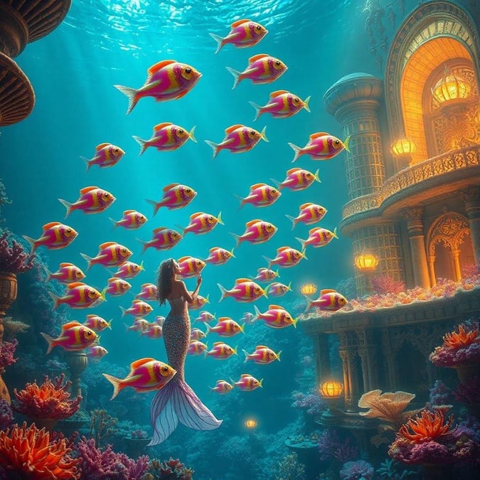 A mermaid in an enchanted underwater realm, surrounded by schools of vibrant fish.