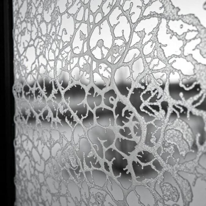 View of winter scene through frost-covered glass, evoking minimalist art style